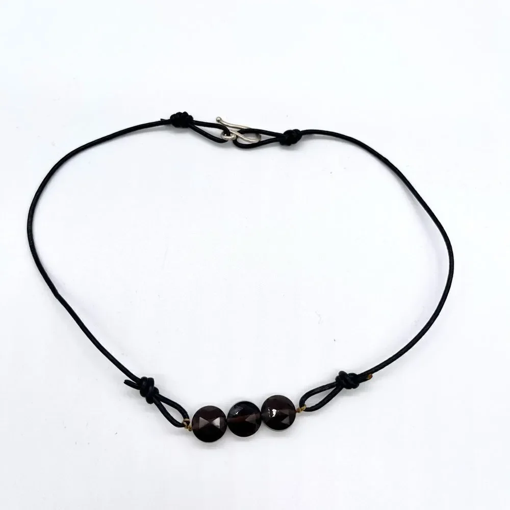 Leather and Onyx Stone with Sterling Silver S Clasp Choker Necklace